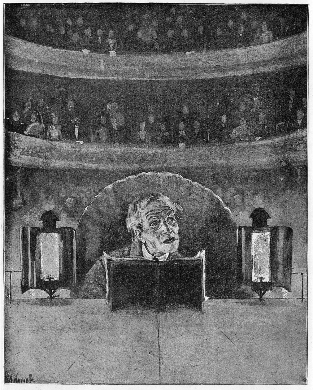 Come un attore vede il suo pubblico e il suggeritore, c.1890 da A. Kamak