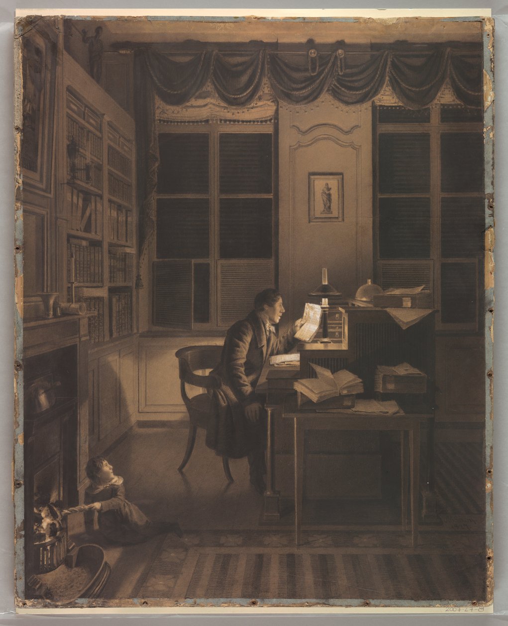 Disegno, interno con uomo che legge alla scrivania, 1827 da A. L. Leroy