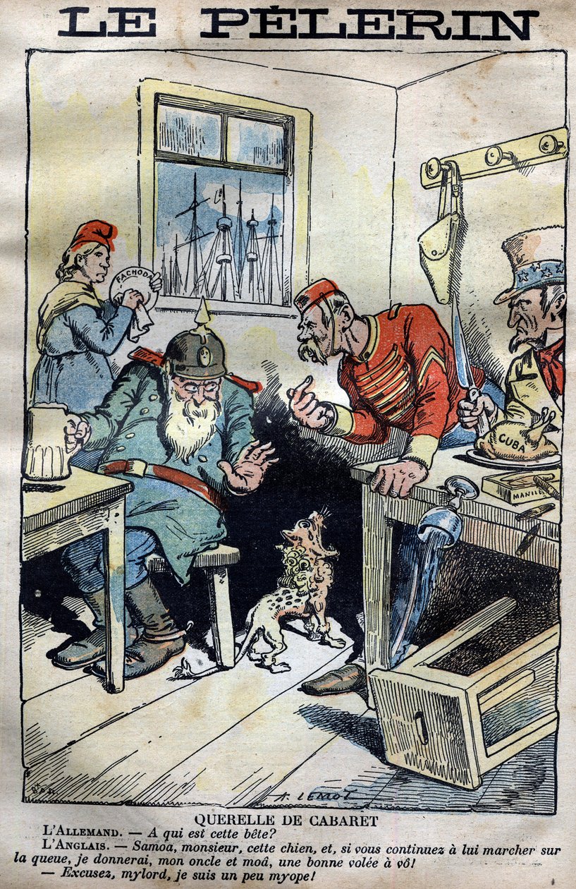 Cabaret Querelle: Caricatura sulle guerre coloniali tra Inghilterra, Germania, Francia e Stati Uniti riguardo alla situazione di Fachoda in Africa. Incisione di Lemot in "le Pelerin" del 23 aprile 1899 (La crisi di Fachoda: grave incidente diplomatico tra da A Lemot