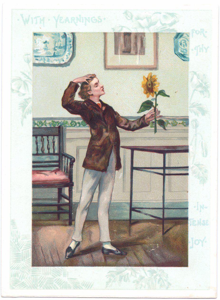 Il contemplatore di fiori Cartolina Vittoriana di un estetico che adora un girasole in estasi, c.1881 da A. Ludovici