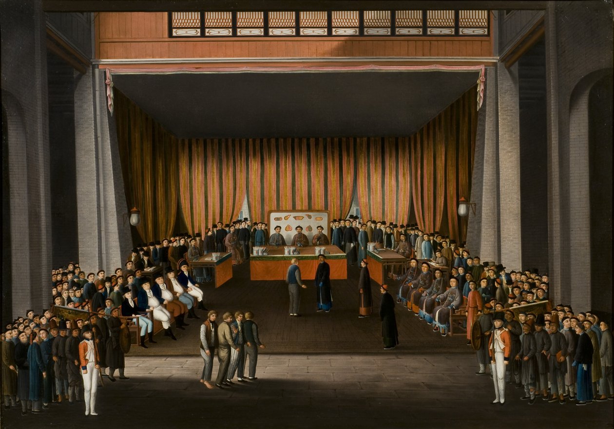 Corte di giustizia cinese nella sala della fabbrica britannica a Canton, 9 aprile 1807, c.1810 da A. Roland Knight