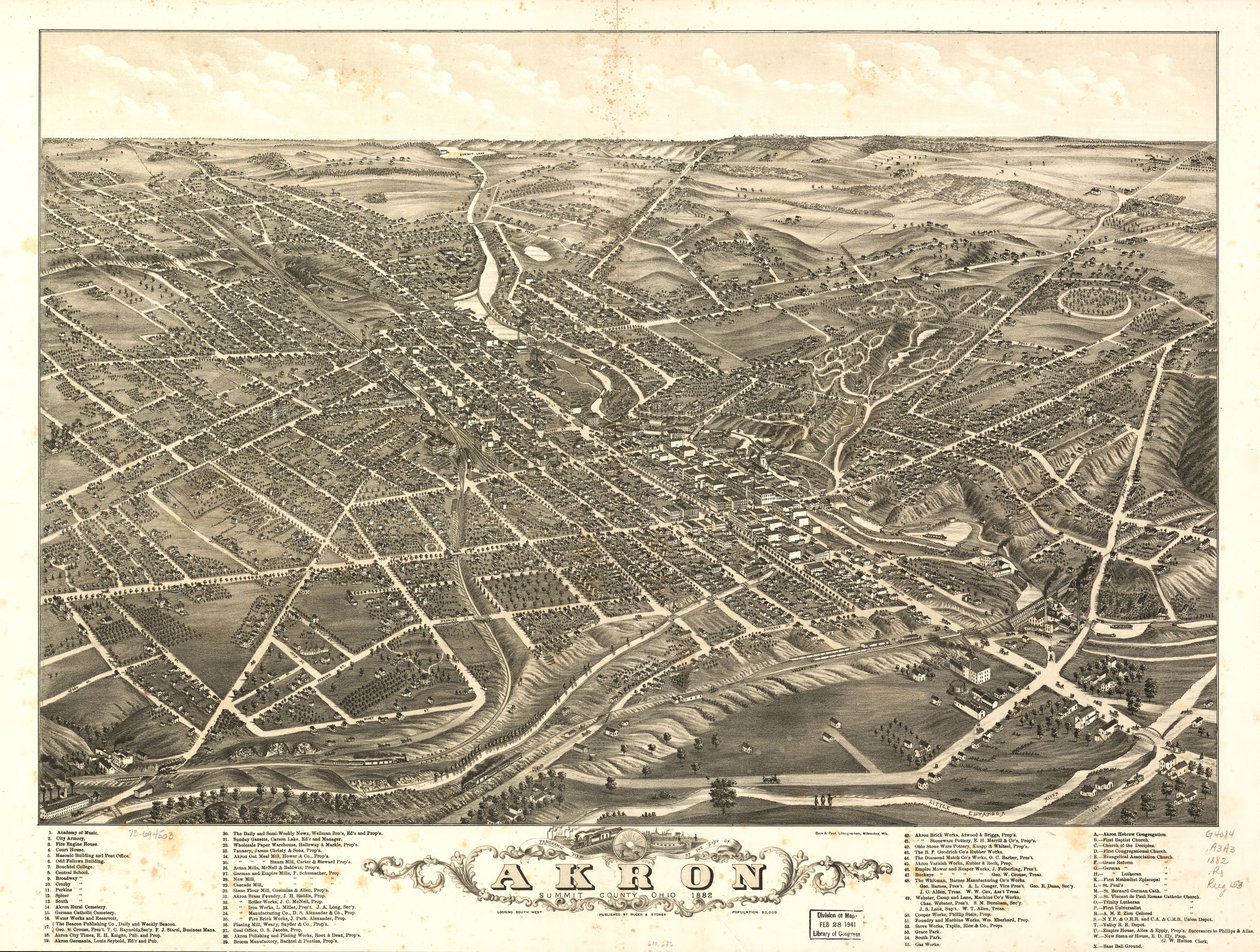 Veduta panoramica della città di Akron, Contea di Summit, Ohio 1882 da A. Ruger Ruger