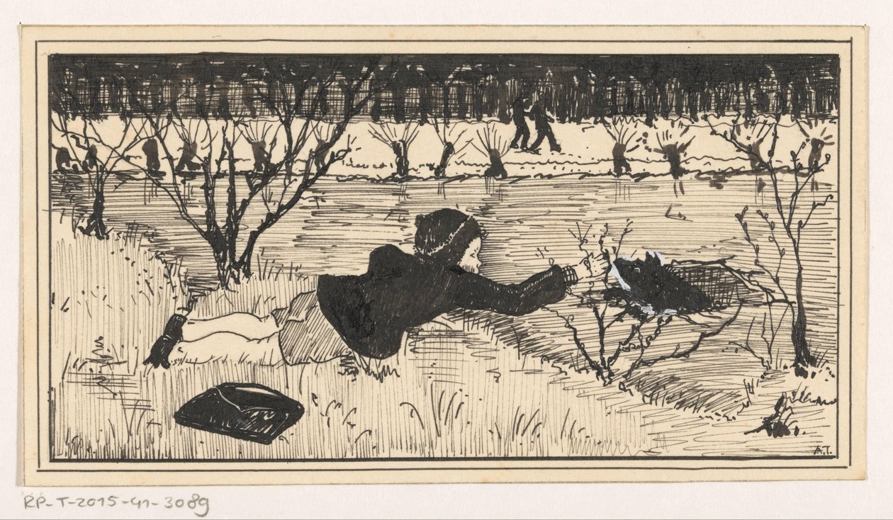 Ragazza cerca di salvare un cane da un buco nel ghiaccio da A. Tinbergen (signed by artist)