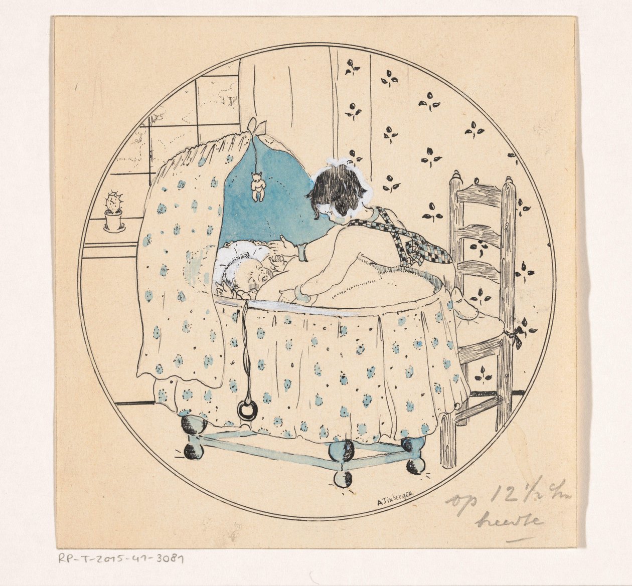 Ragazza vuole sollevare il bambino dalla culla da A. Tinbergen (signed by artist)