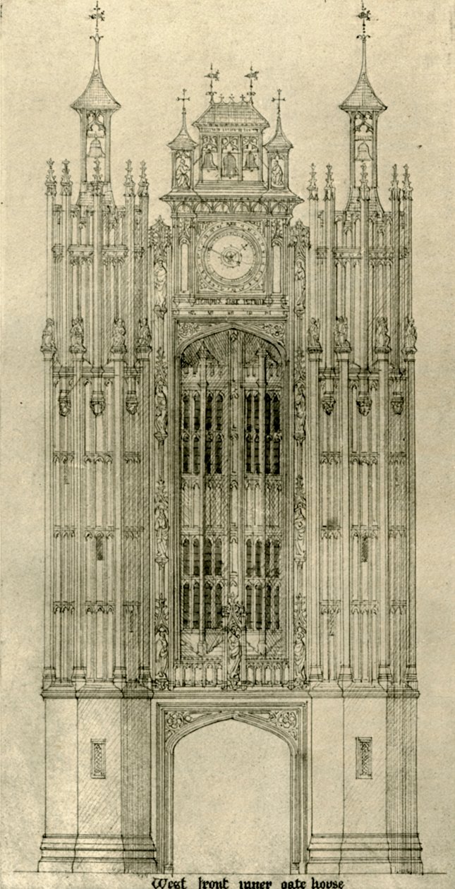Disegno architettonico: fronte ovest della casa del cancello interno, 1833-1834, 1906 da A. W. N. Pugin
