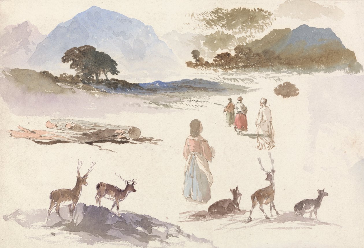 Foglio di studi di cervi, figure e paesaggio da Aaron Edwin Penley