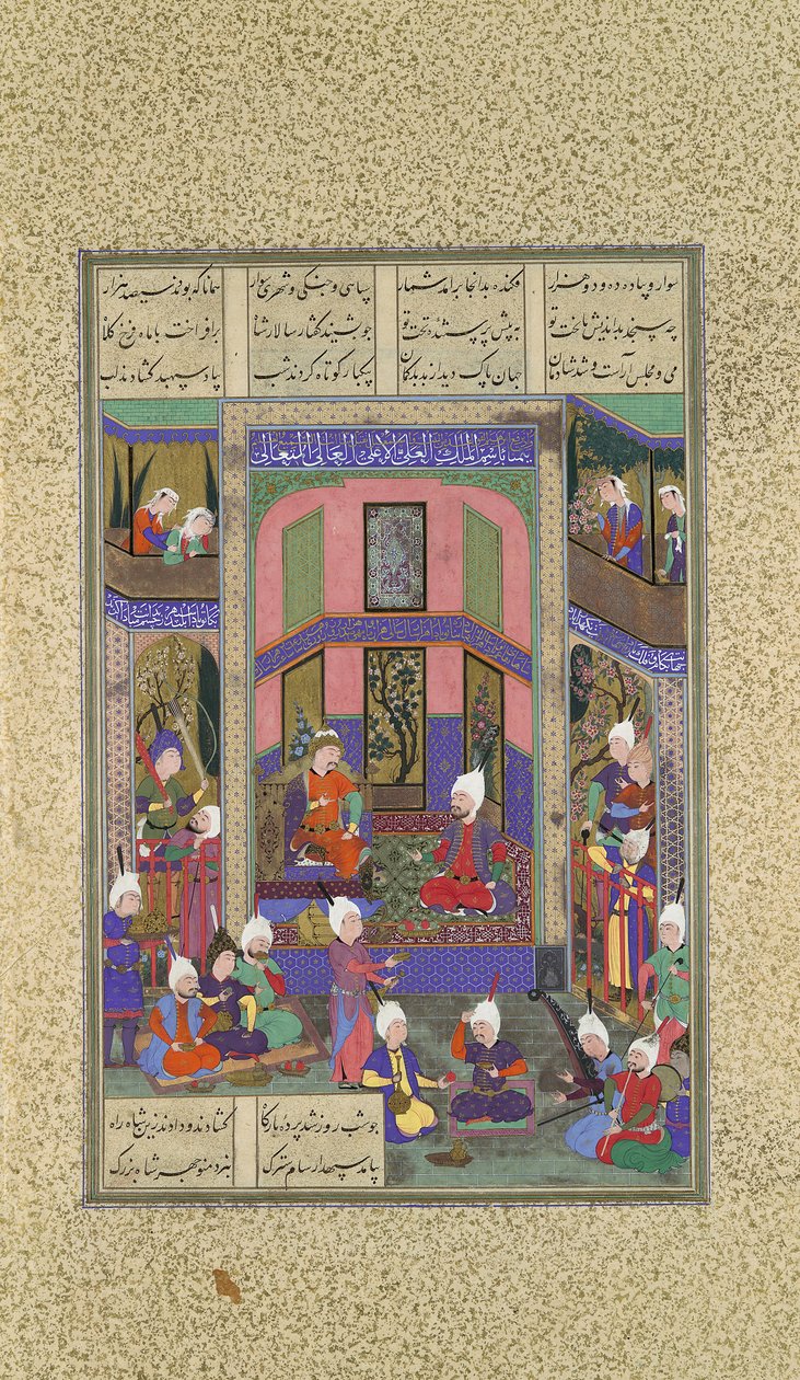 Manuchihr accoglie Sam ma ordina guerra contro Mihrab, Folio 80v dallo Shahnama da 