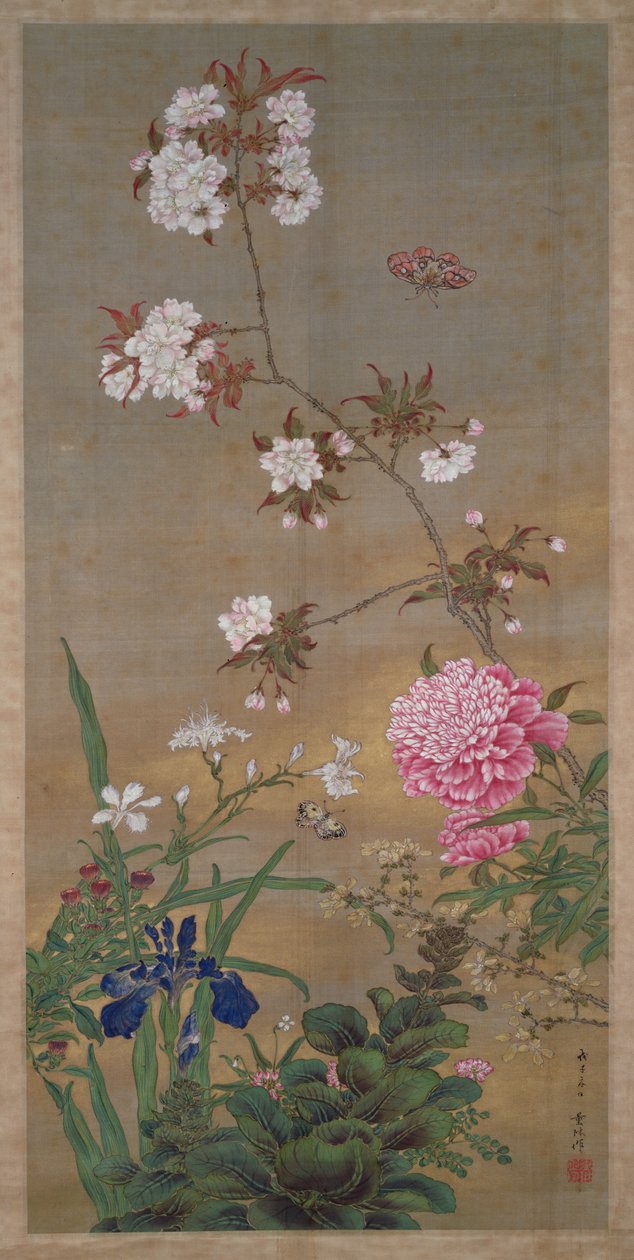 Peonia, iris, fiori di ciliegio e una farfalla, 1828 da Abe Kan Torin