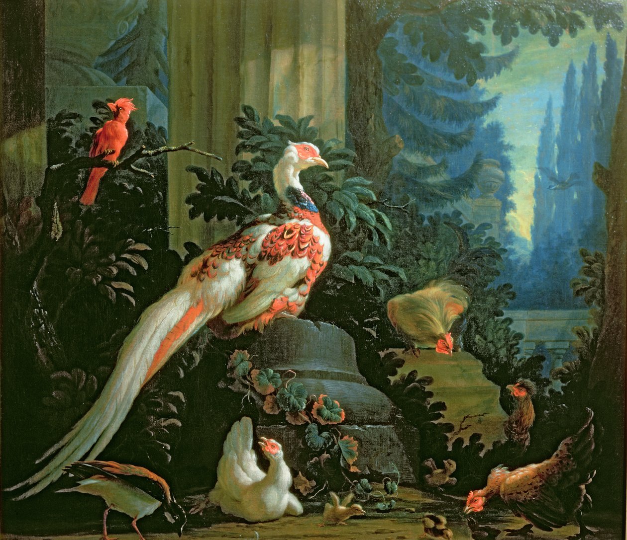Un fagiano bianco, un cardinale rosso e pollame in un paesaggio da Abraham Bisschop