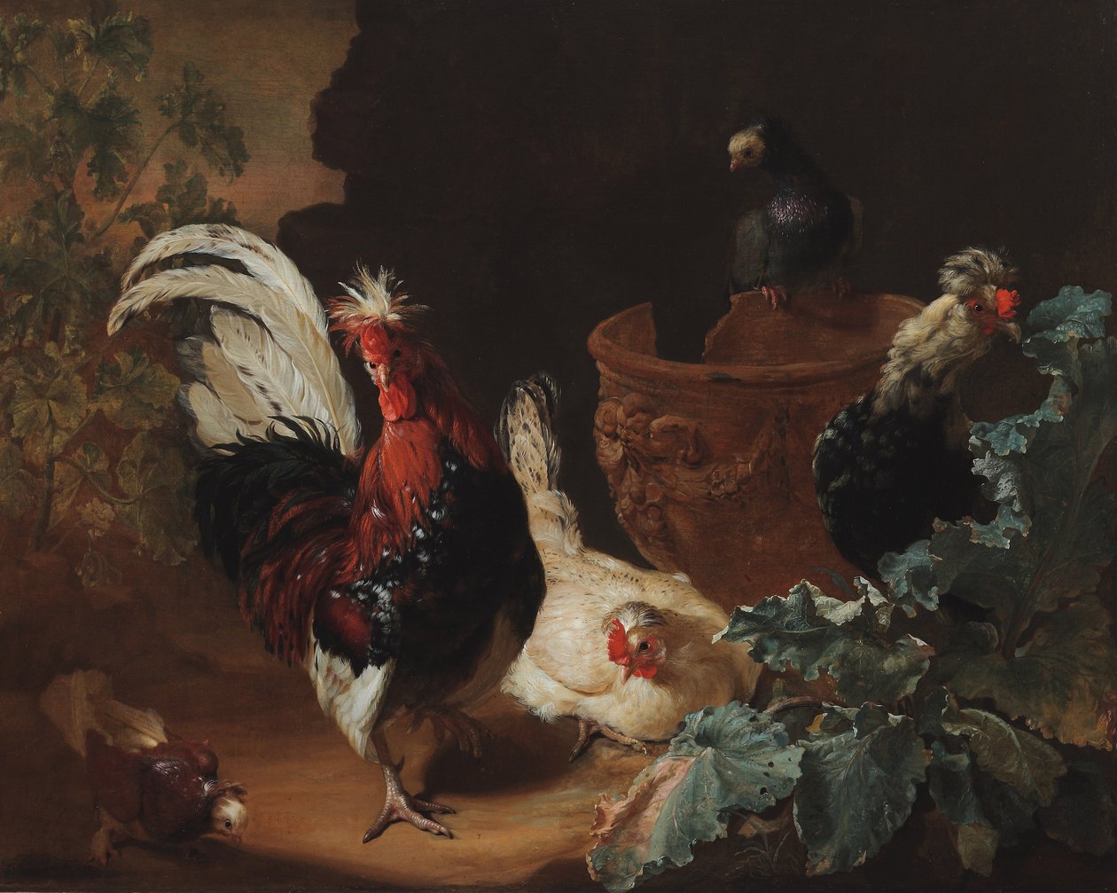 Un gallo, due galline e due piccioni vicino a un vaso di terracotta antico scheggiato in un paesaggio, 1695 da Abraham Bisschop