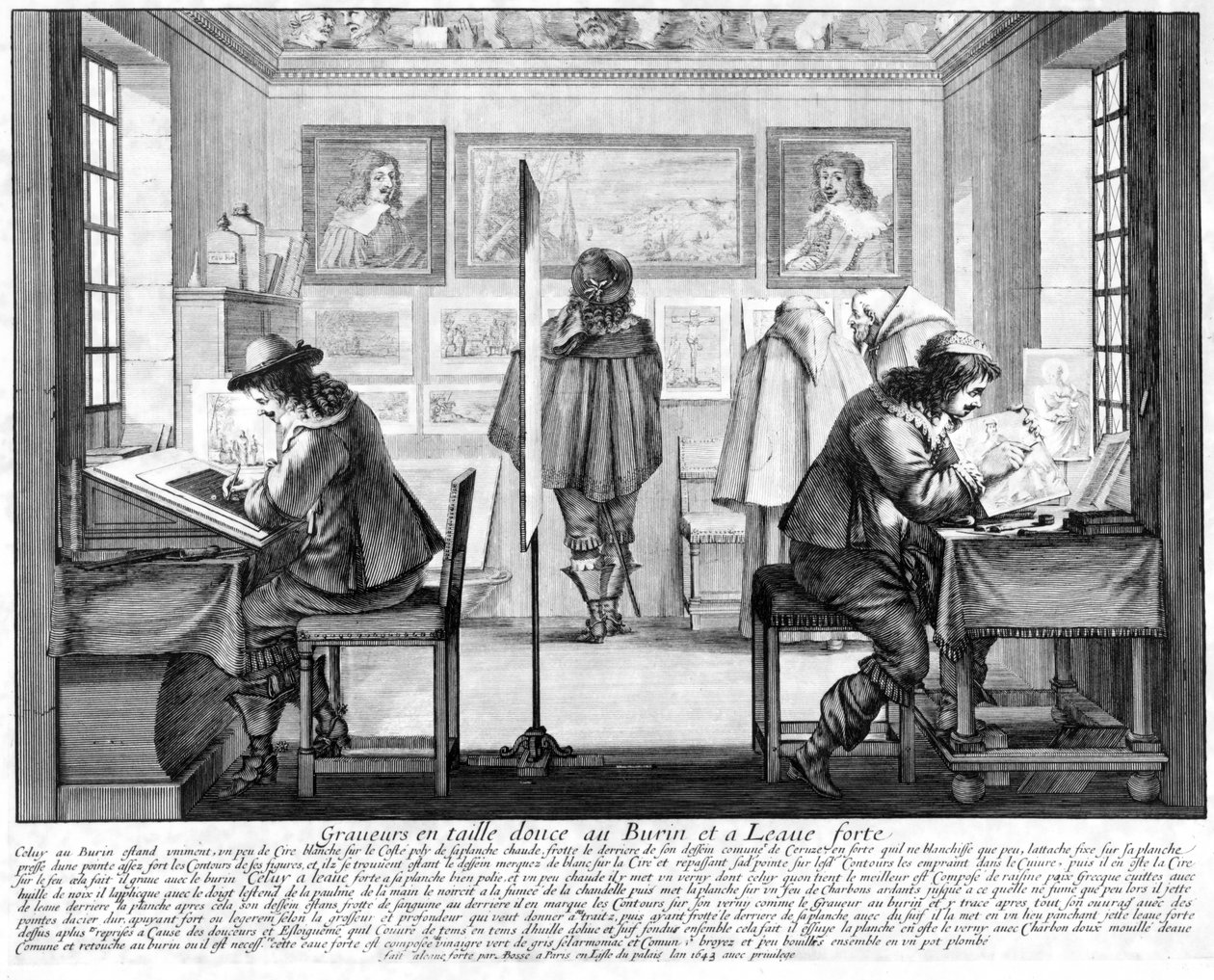 Incisori di lastre al lavoro con galleria dietro, 1643 da Abraham Bosse