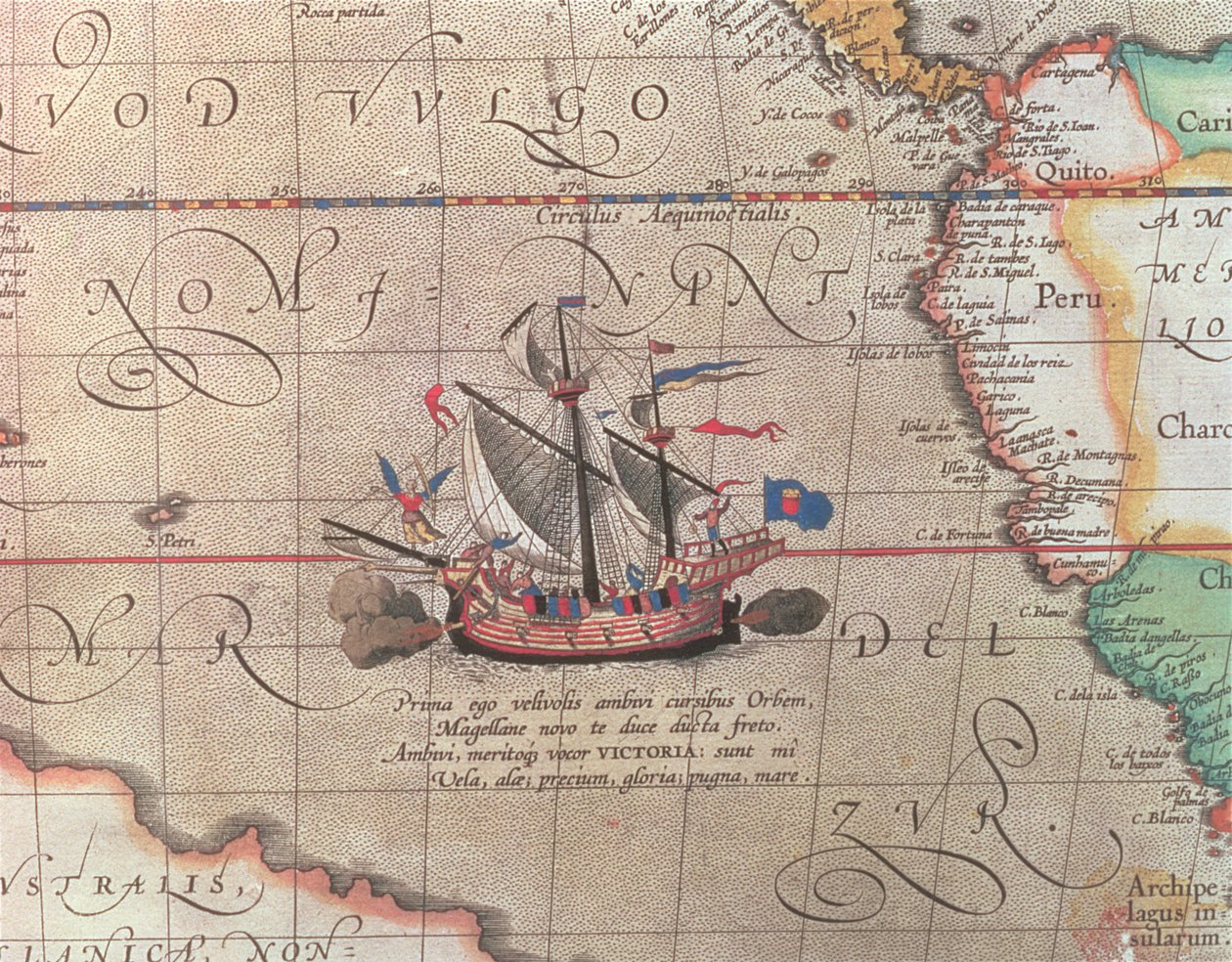 Una Nave a Vela che Spara il suo Cannone, dettaglio da una mappa del Pacifico, Cina e America, 1599 da Abraham Ortelius