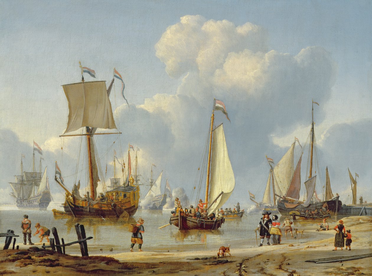 Navi in acque calme con figure sulla riva da Abraham Storck