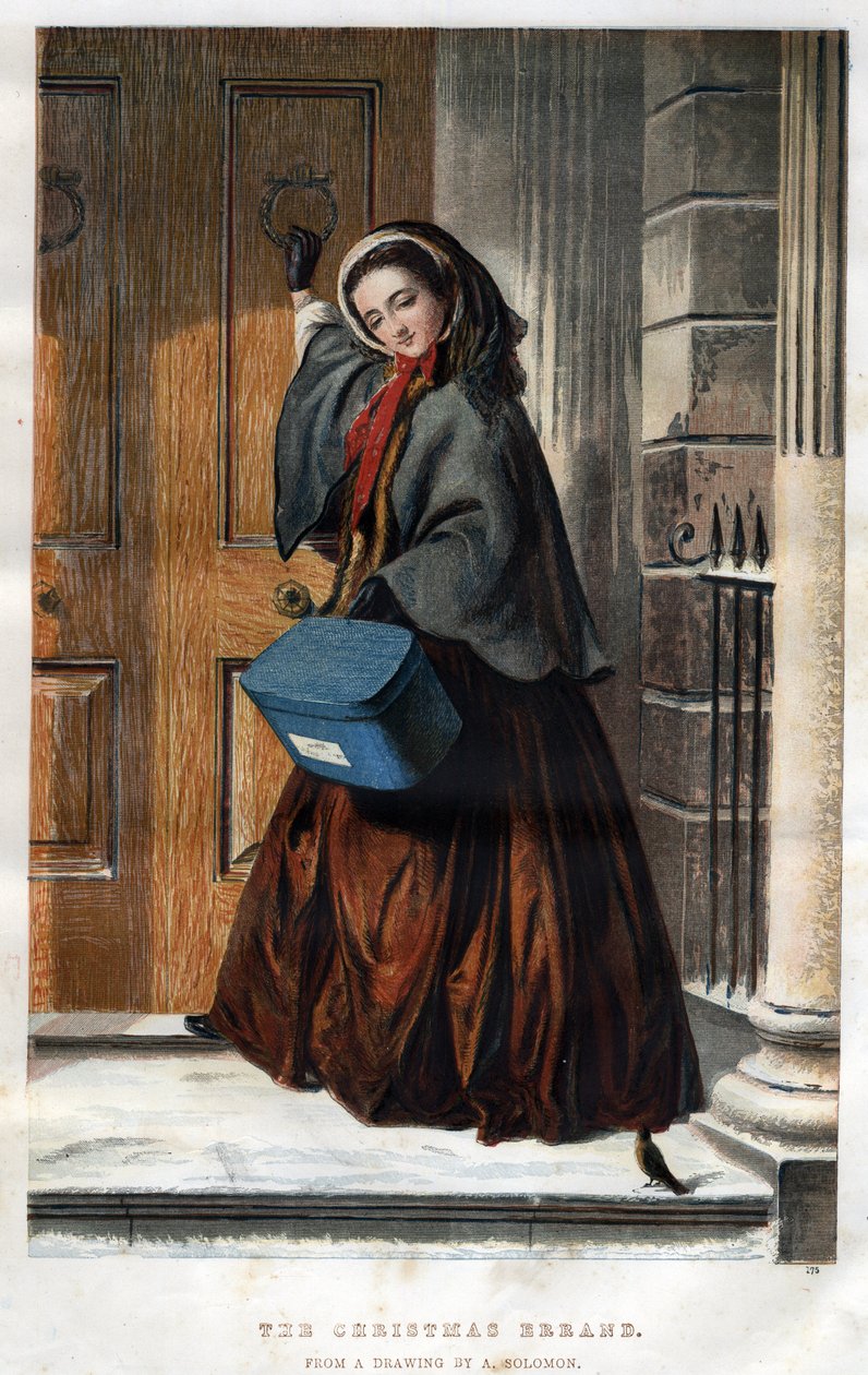 Corse di Natale: una giovane donna elegante bussa alla porta di una casa con un pacco in mano, illustrazione da un disegno di Abraham Solomon da Abraham (after) Solomon