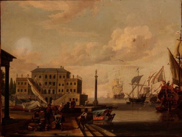Un capriccio di un porto mediterraneo con mercanti e navi all