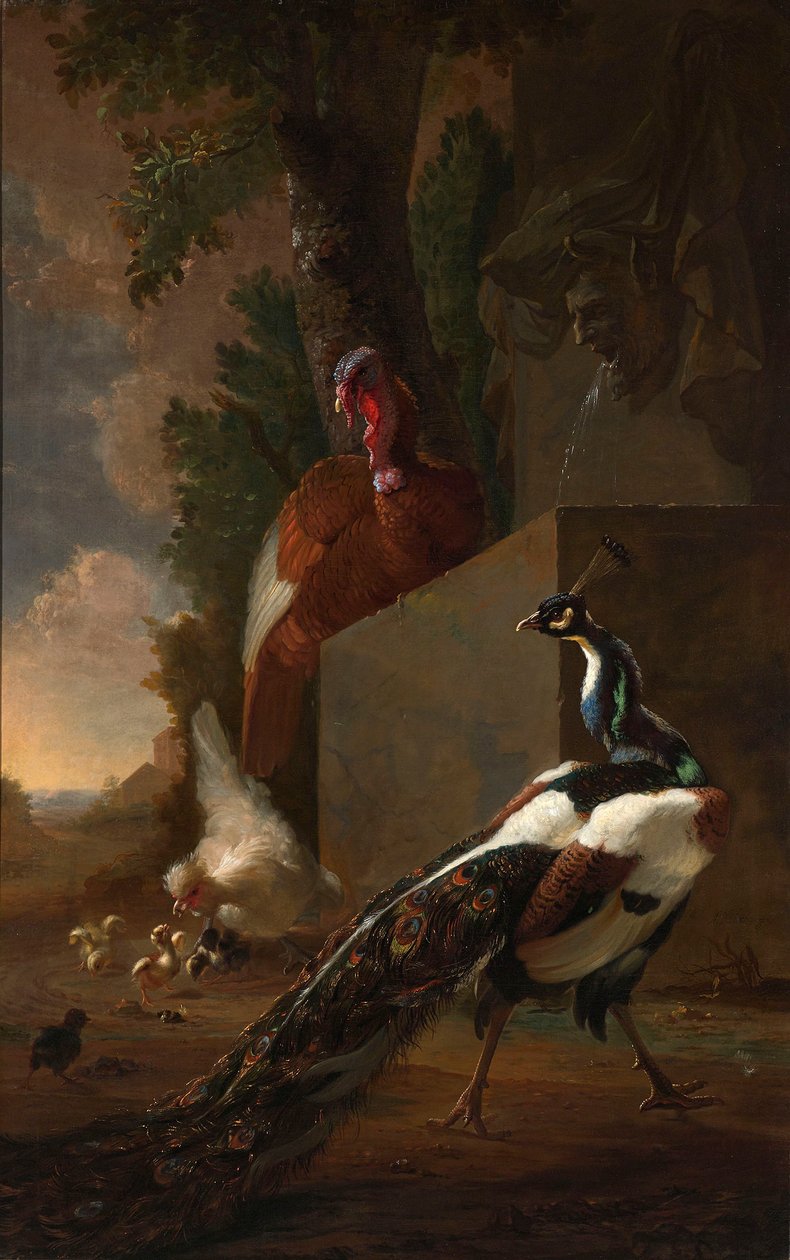 Un pavone, un tacchino e una gallina con i suoi pulcini accanto a una fontana classica in un paesaggio da Abraham Bisschop