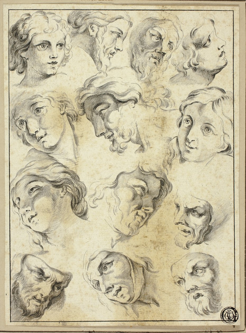 13 schizzi di volti diversi da Abraham Bloemaert