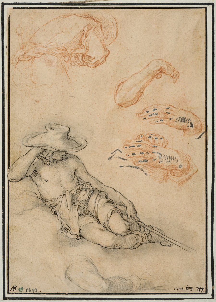 Un pastore a riposo, studi separati della sua gamba e del suo braccio, un uomo visto di spalle e due mani da Abraham Bloemaert