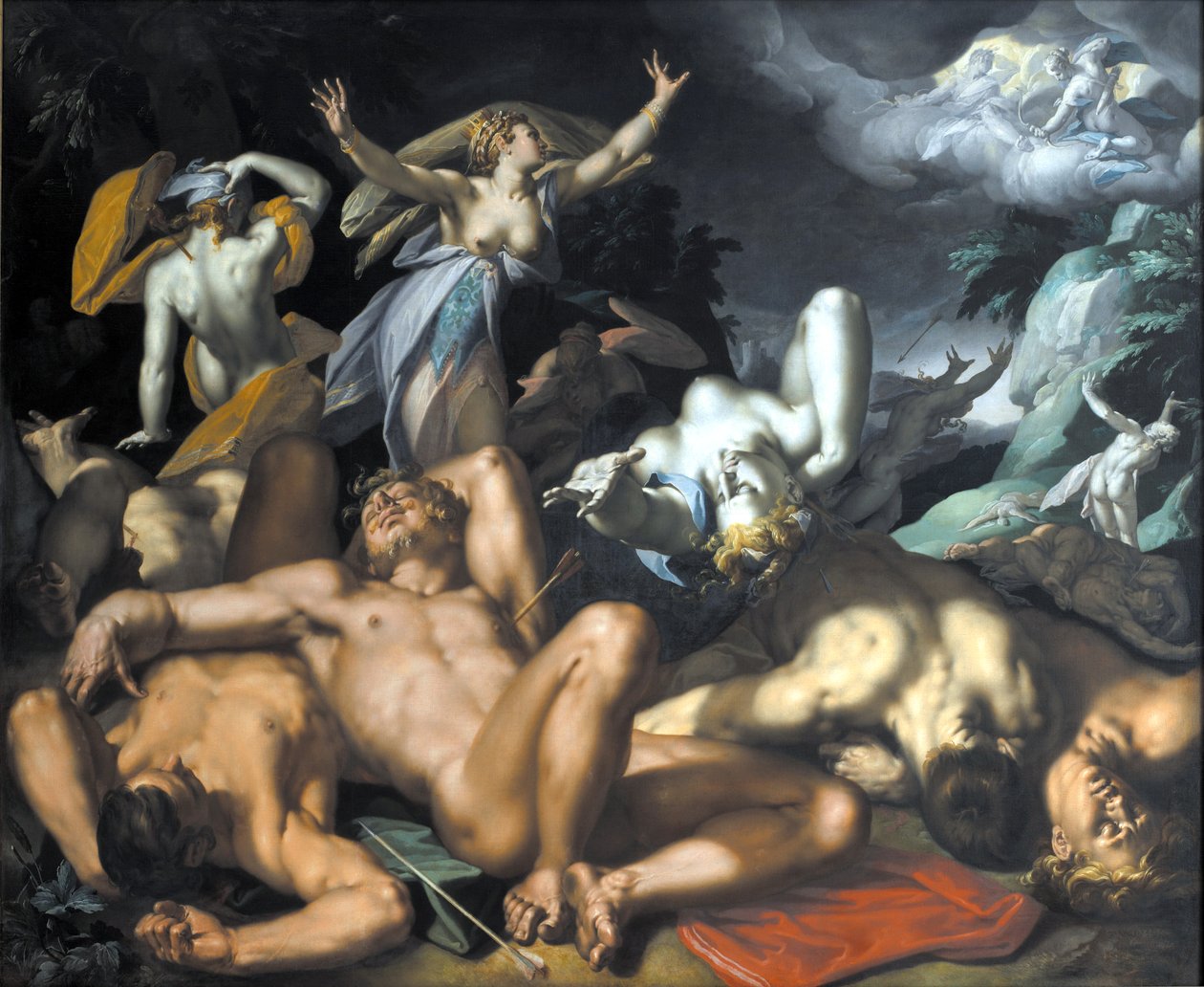 Danese: Apollo e Diana puniscono Niobe uccidendo i suoi figli Apollo e Diana puniscono Niobe uccidendo i suoi figli da Abraham Bloemaert