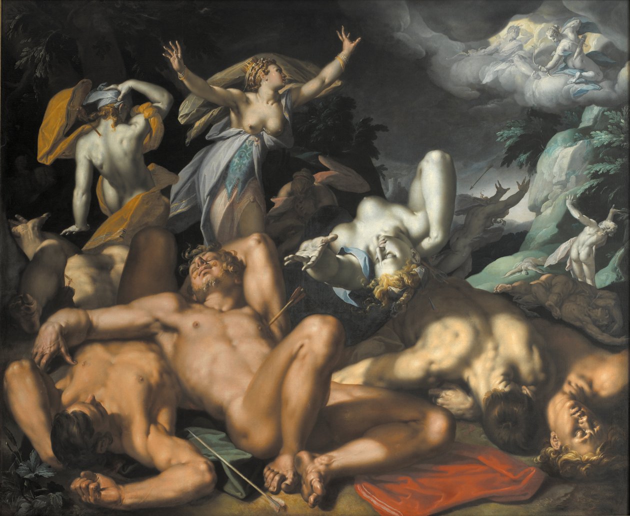 Danese: Apollo e Diana puniscono Niobe uccidendo i suoi figli Apollo e Diana puniscono Niobe uccidendo i suoi figli da Abraham Bloemaert