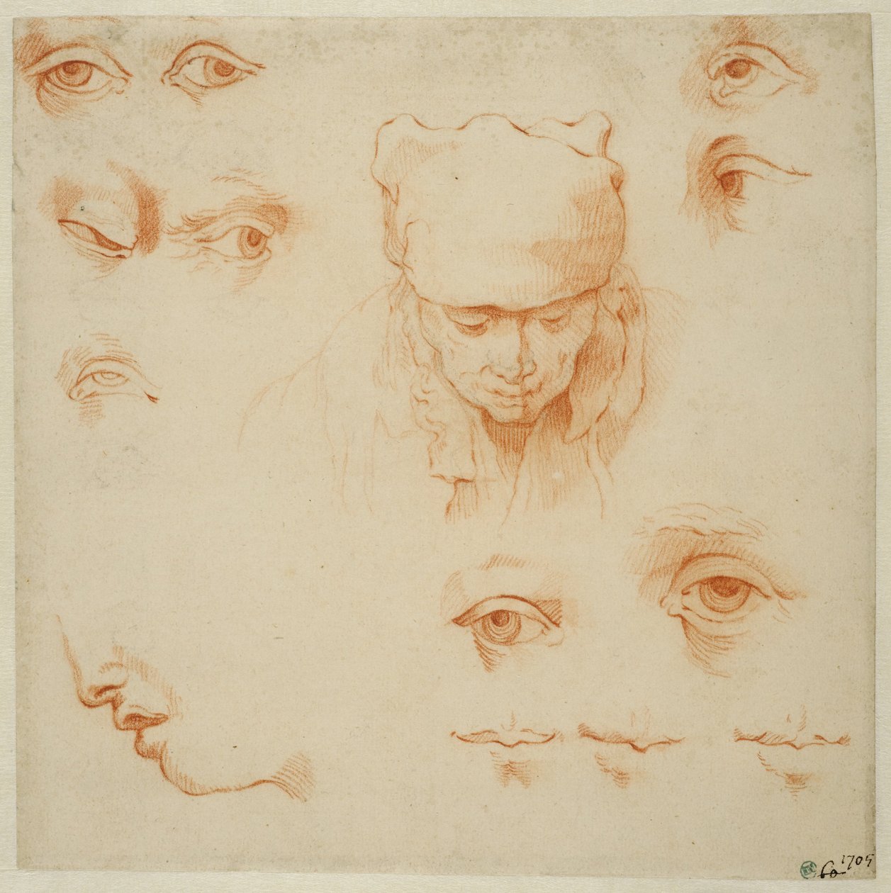 Testa di una donna anziana e studi di occhi e bocche da Abraham Bloemaert