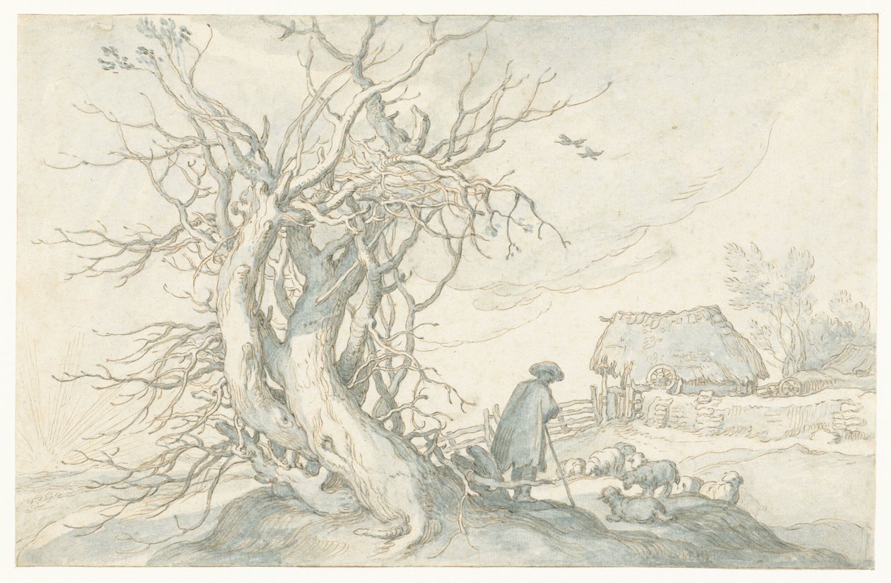 Pastore con pecore vicino a un albero morto da Abraham Bloemaert