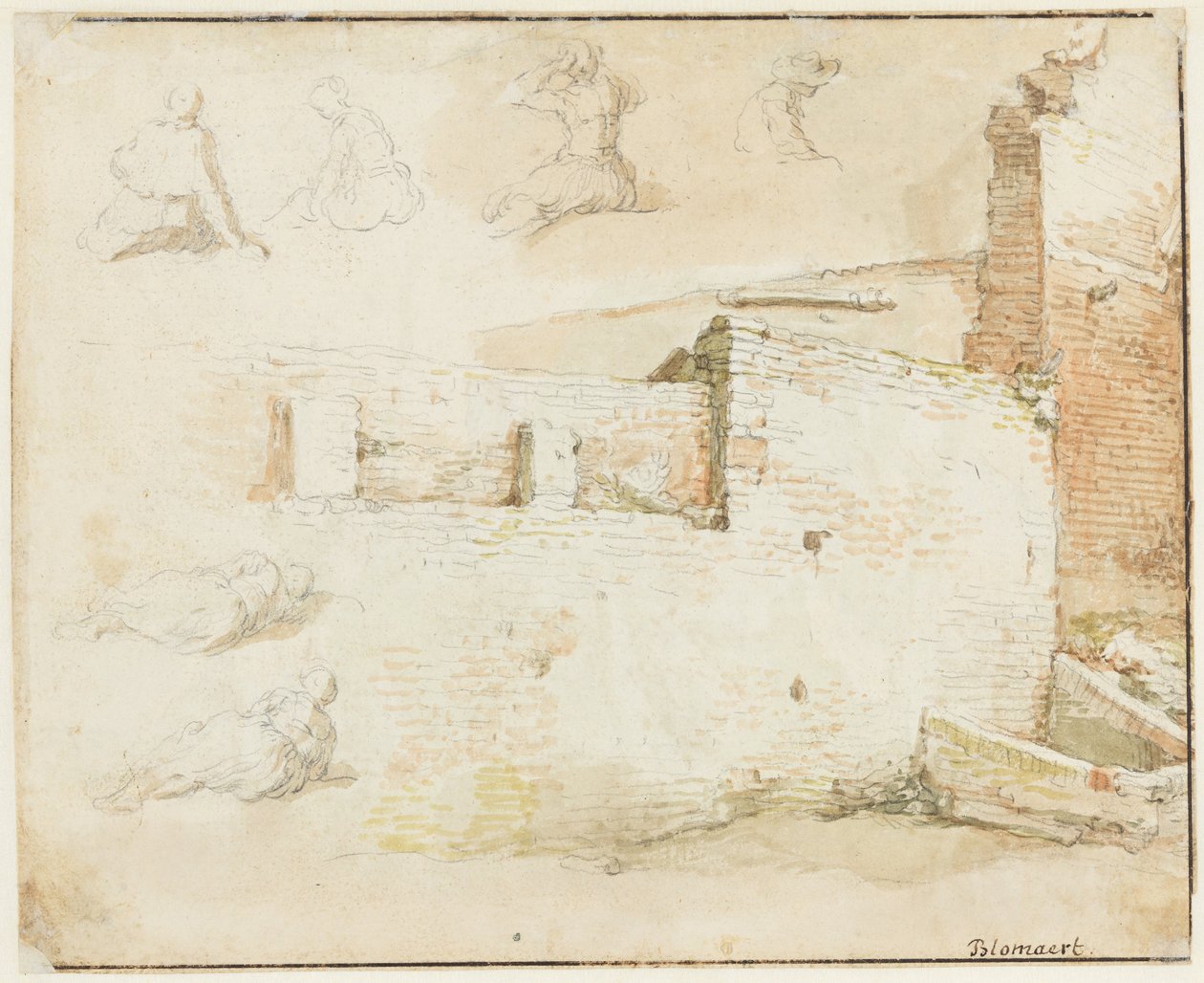 Studi su un muro di mattoni e alcune figure, viste da dietro da Abraham Bloemaert