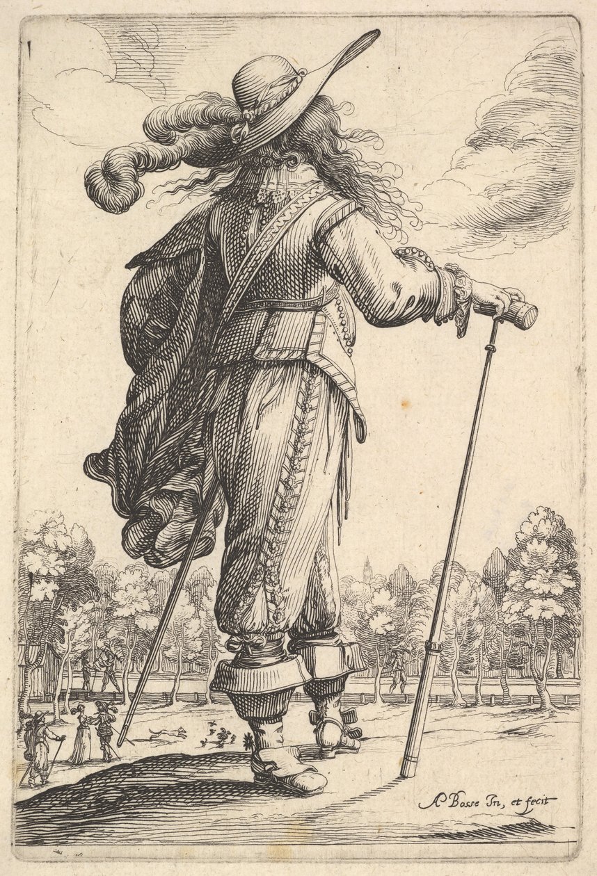 Gentiluomo, visto da dietro, che cammina verso destra con un bastone e indossa un cappello piumato da Abraham Bosse
