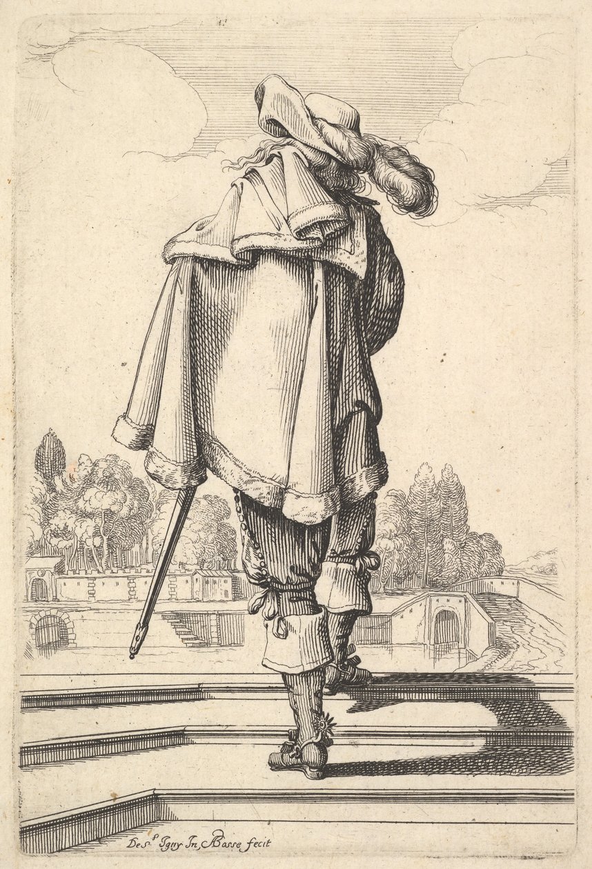 Un gentiluomo, visto da dietro, che cammina su un parapetto, con un mantello sulla spalla sinistra..., 1629 da Abraham Bosse