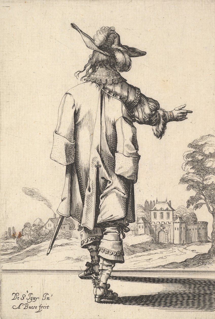 Un gentiluomo, visto da dietro, con il braccio destro teso e un mantello sulla spalla sinistra, 1629 da Abraham Bosse