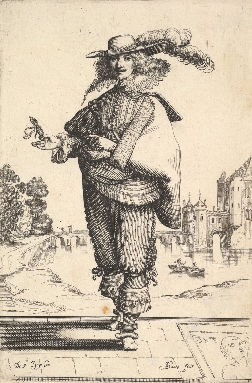 Un gentiluomo davanti a un grande castello con un cappello piumato e un colletto di pizzo da Abraham Bosse