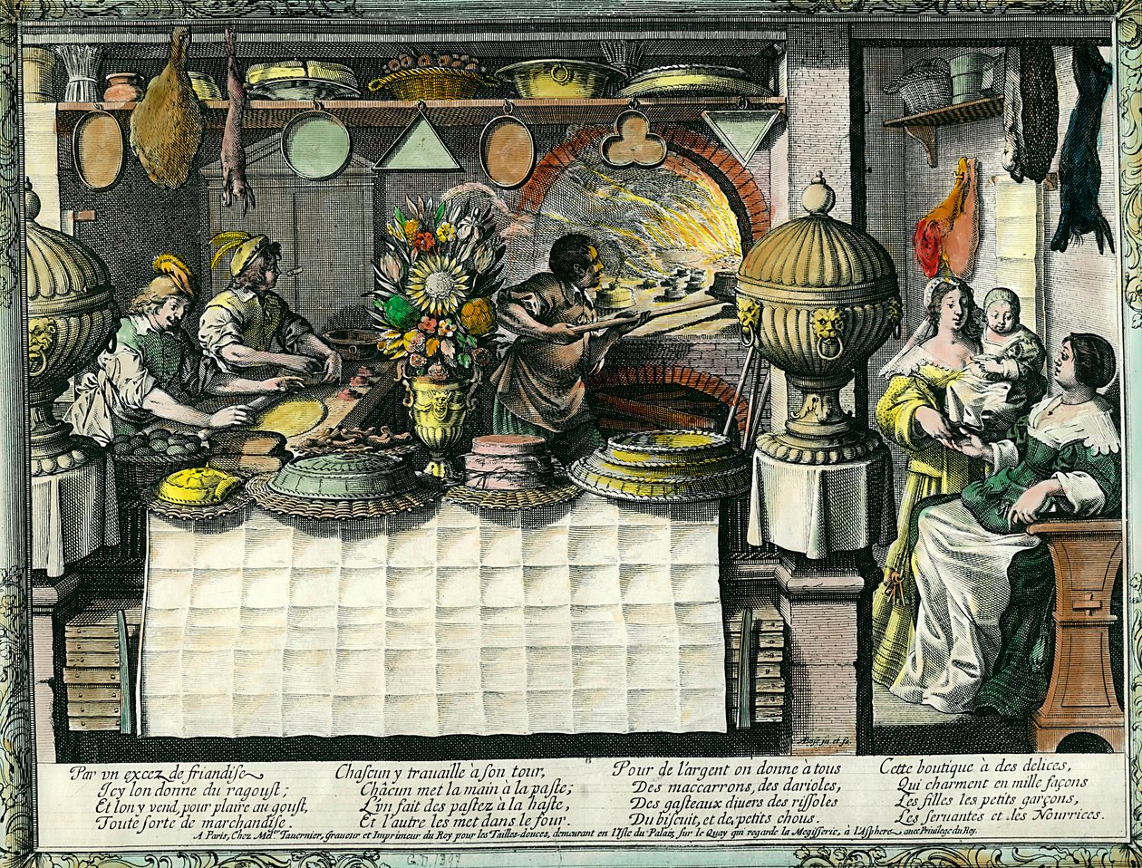 Una pasticceria nel XVII secolo: il retrobottega dove i fornai e i pasticceri preparano e cuociono torte e pani, e i clienti nel negozio. Stampo per torte appeso al muro. Incisione di Abraham Bosse (1602-1676) da Abraham Bosse
