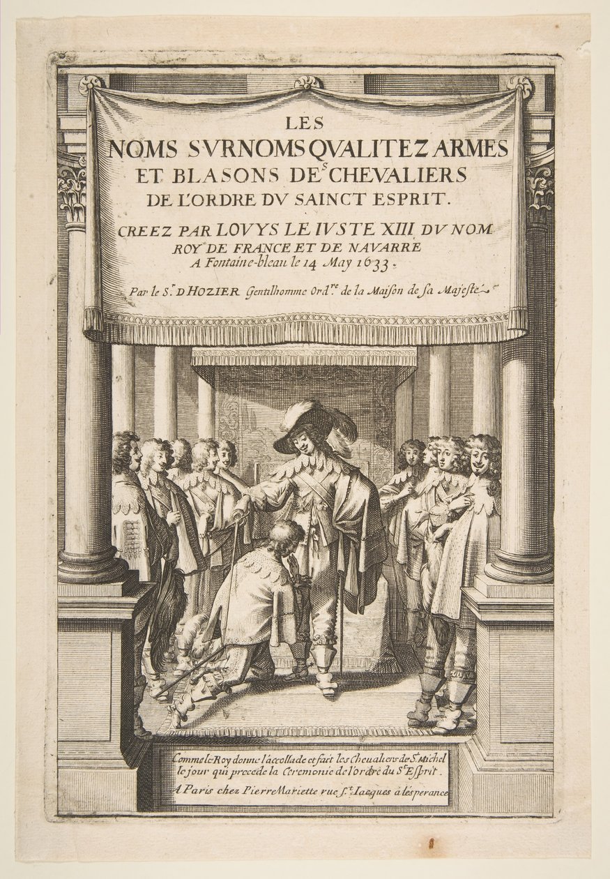 Frontespizio per Les noms surnoms qualitez armes et blasons des chevalie... di Pierre d