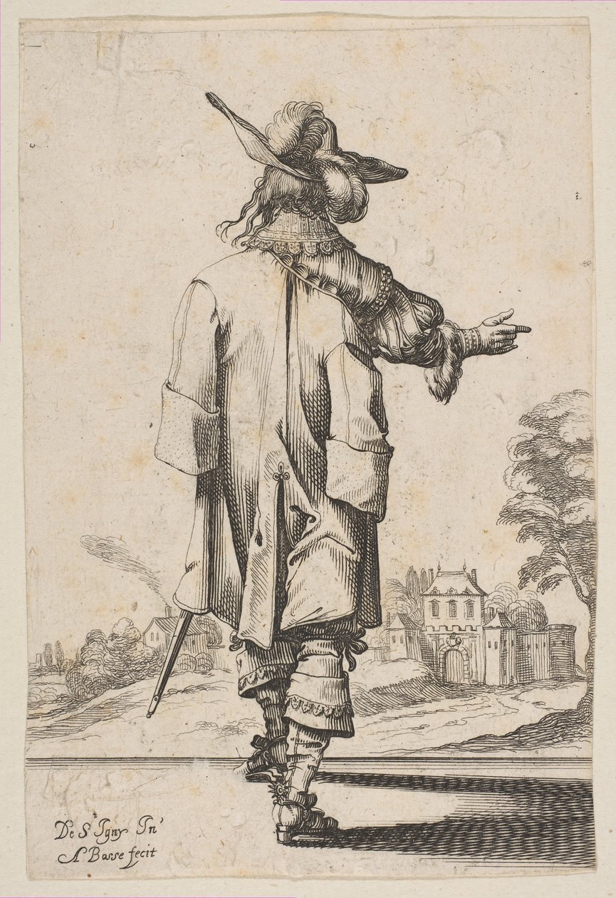 Gentiluomo visto di spalle che indica verso un castello, 1629 da Abraham Bosse