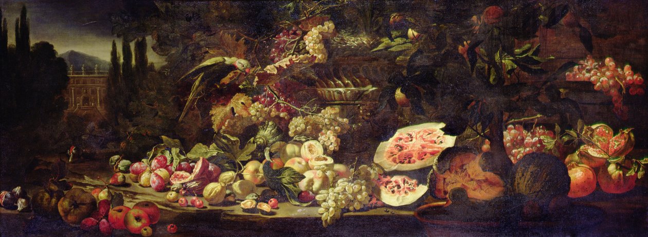 Natura Morta di Frutta con Pappagallo Verde e Vaso d