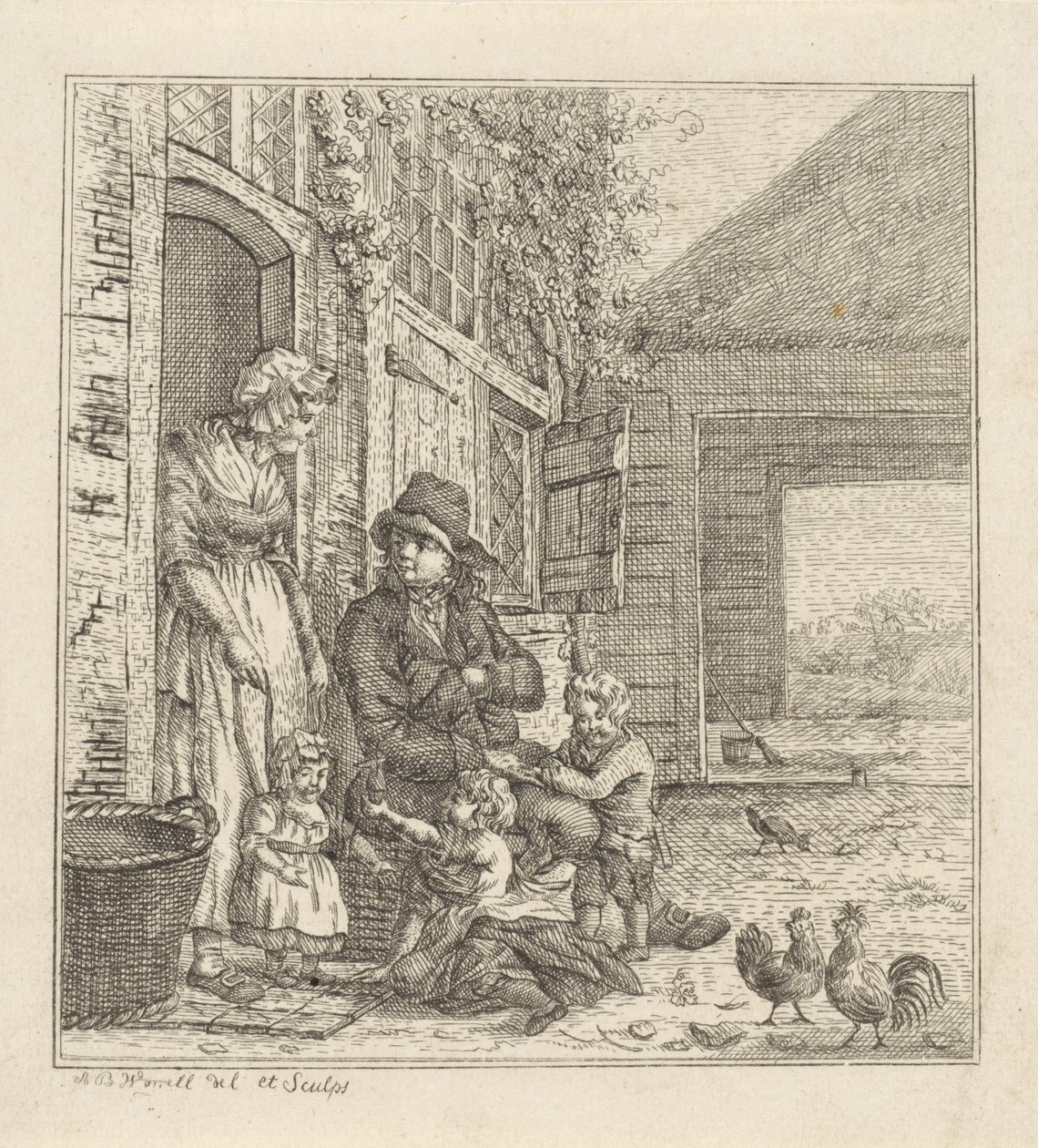 Uomo e donna con bambini presso una porta da Abraham Bruinings Worrel