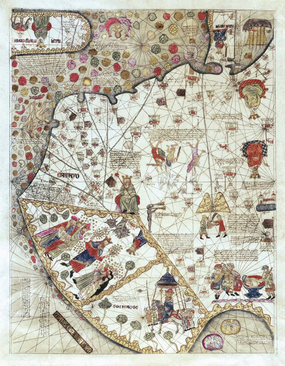 Mappa della Cina (Cathay), con descrizioni di piccole scene, delimitazione dei regni con il loro sovrano rappresentato ogni volta da Abraham and Cresques Jehuda Cresques