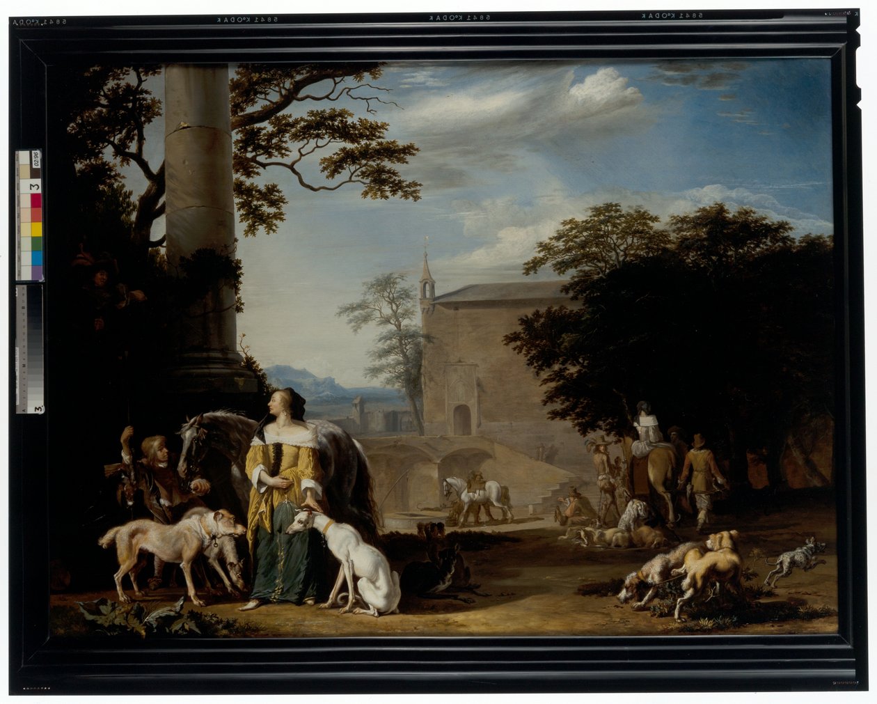 Un paesaggio boschivo con cacciatori e i loro animali che riposano a un abbeveratoio da Abraham Danielsz. Hondius