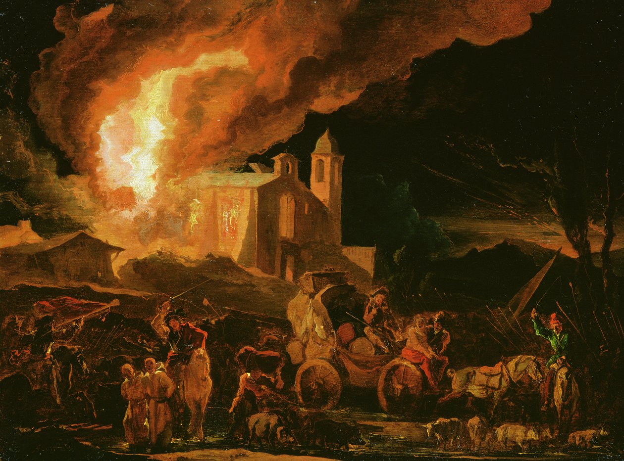 Soldati che saccheggiano un monastero in fiamme (olio su pannello) da Abraham Danielsz. Hondius