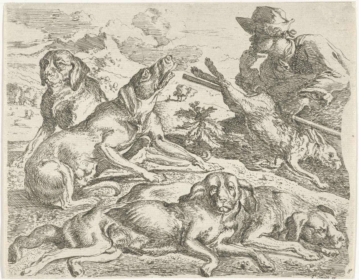 Quattro cani, un cacciatore e una lepre da Abraham Danielsz. Hondius