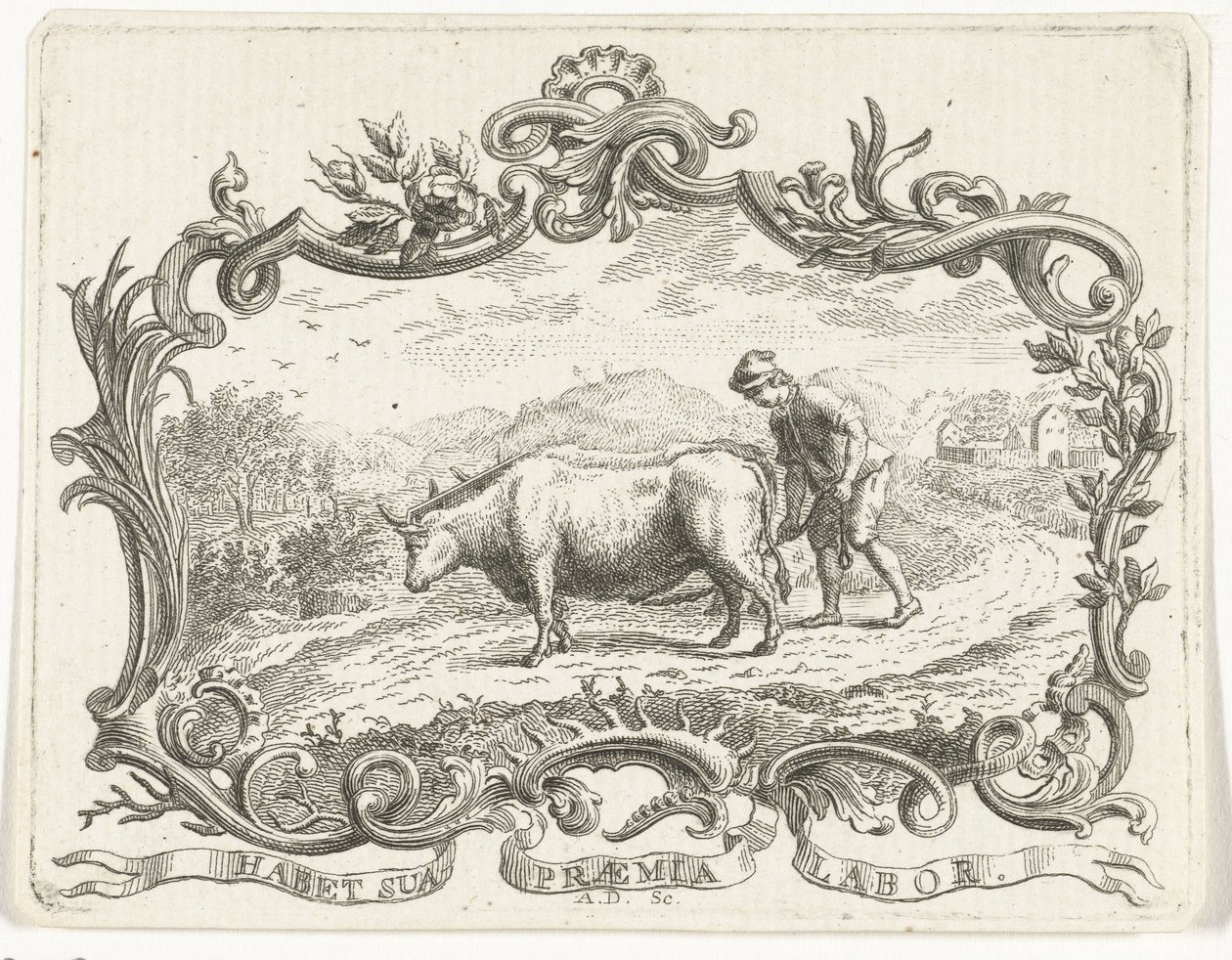 Contadino che ara un campo con due buoi, in cartouche da Abraham Delfos