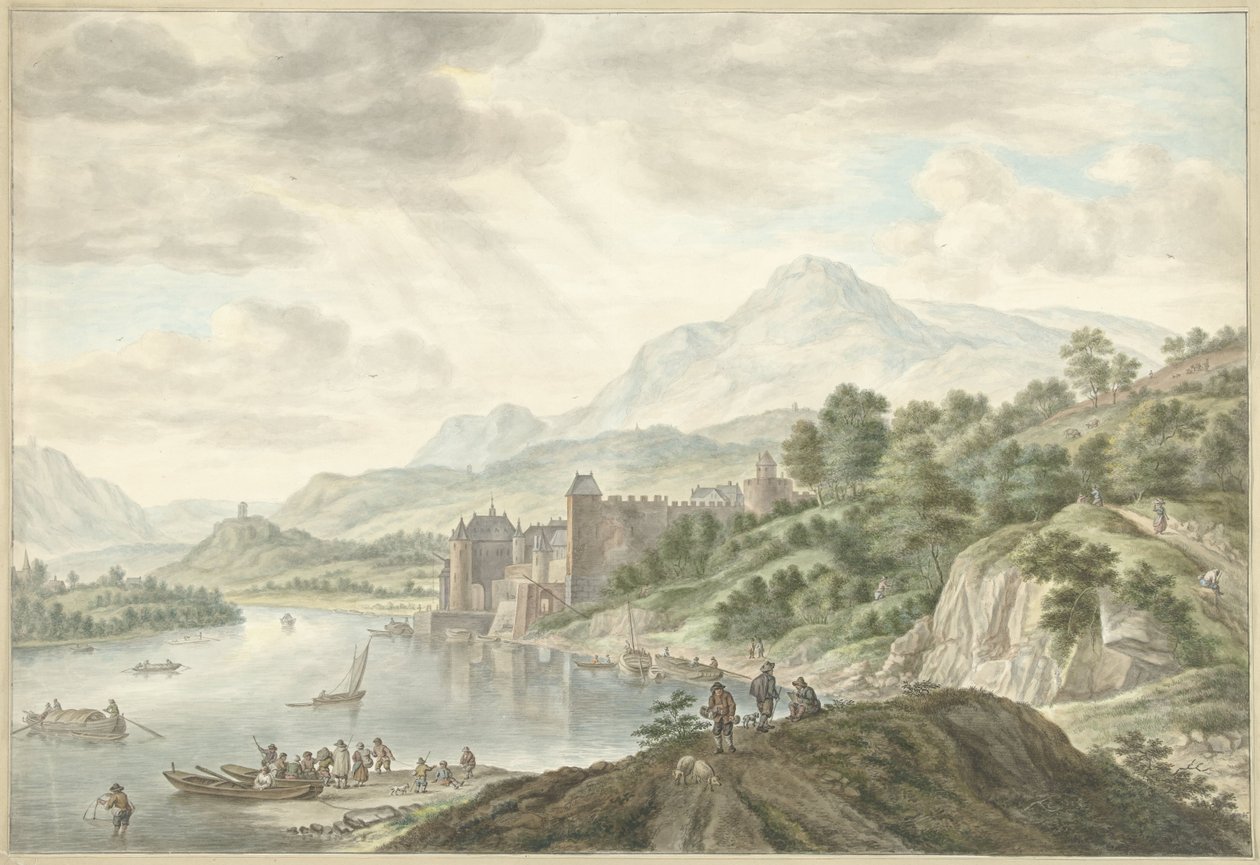 Paesaggio collinare con un castello su un fiume da Abraham Delfos