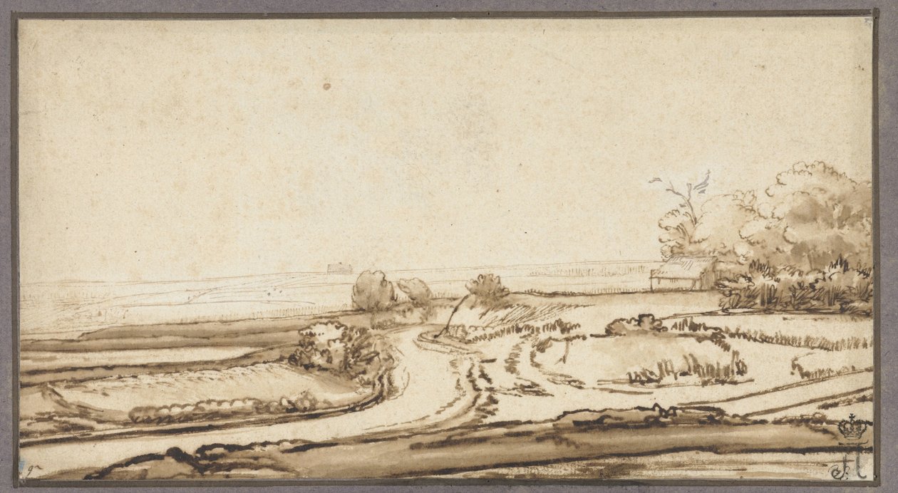 Paesaggio ondulato con strada e casa al margine del bosco da Abraham Furnerius