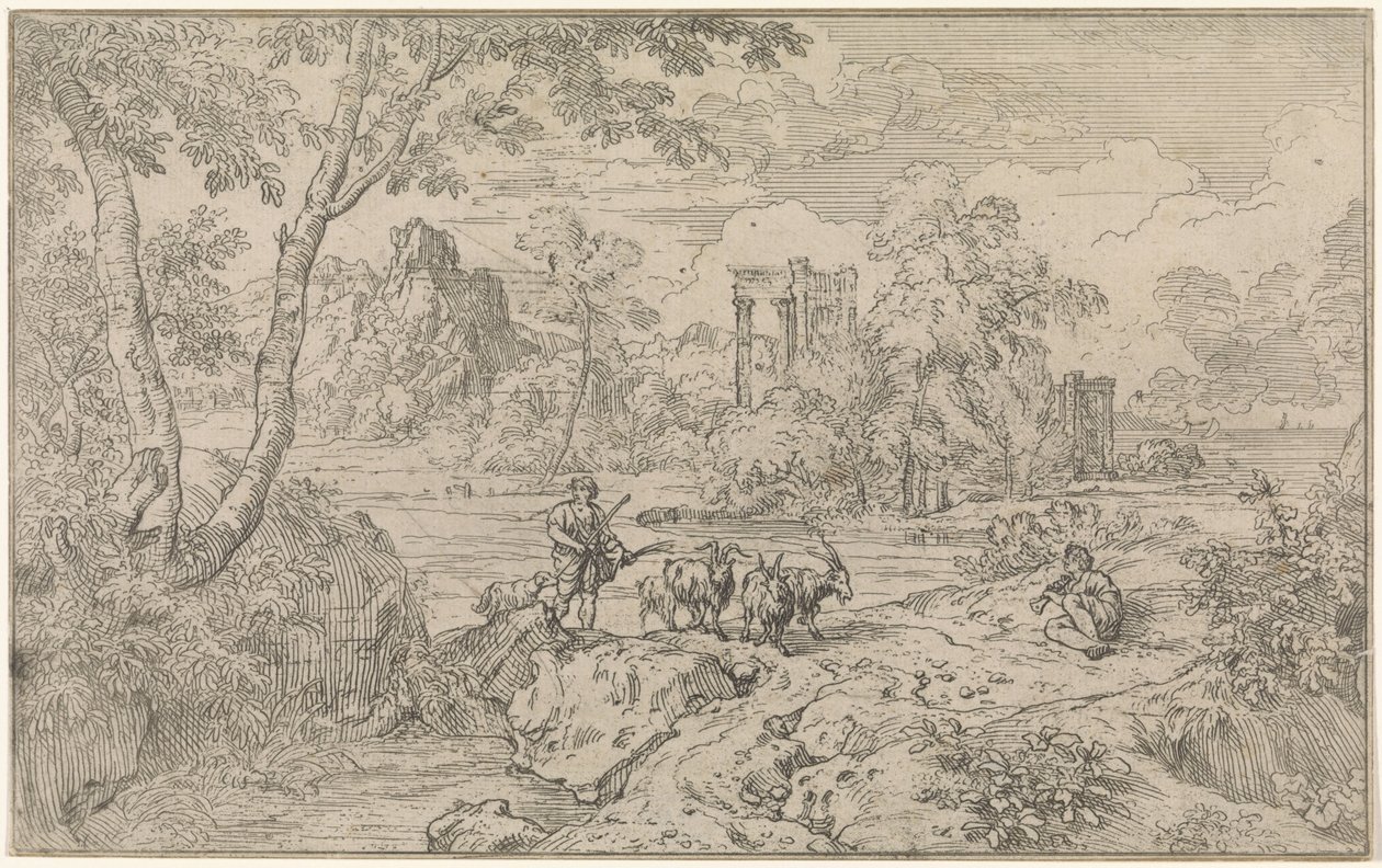 Paesaggio arcadico con pastore di capre da Abraham Genoels