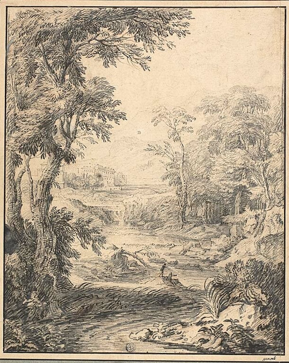 Paesaggio fluviale con due figure in primo piano, castello in lontananza da Abraham Genoels II