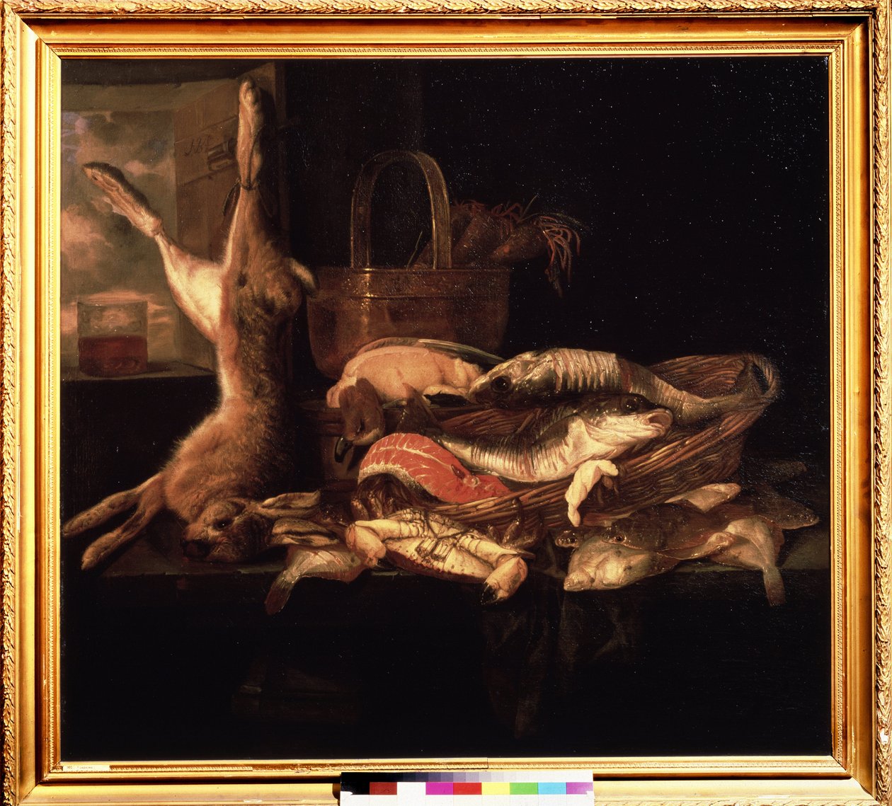 Natura morta con pesci e lepre morta da Abraham Hendricksz van Beyeren