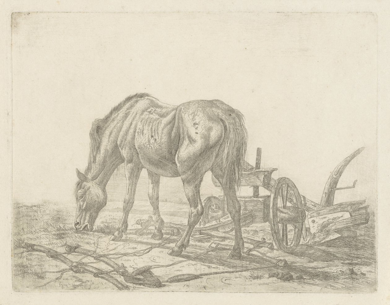Cavallo slegato vicino a un aratro da Abraham Hendrik Winter