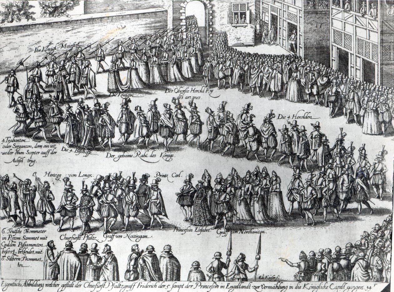 Processione per il matrimonio di Federico V, Elettore Palatino e Principessa Elisabetta, c.1613 da Abraham Hogenberg