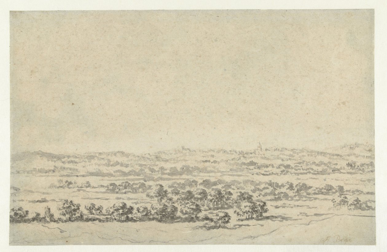 Paesaggio fluviale, con una torre in lontananza da Abraham Jansz Begeyn