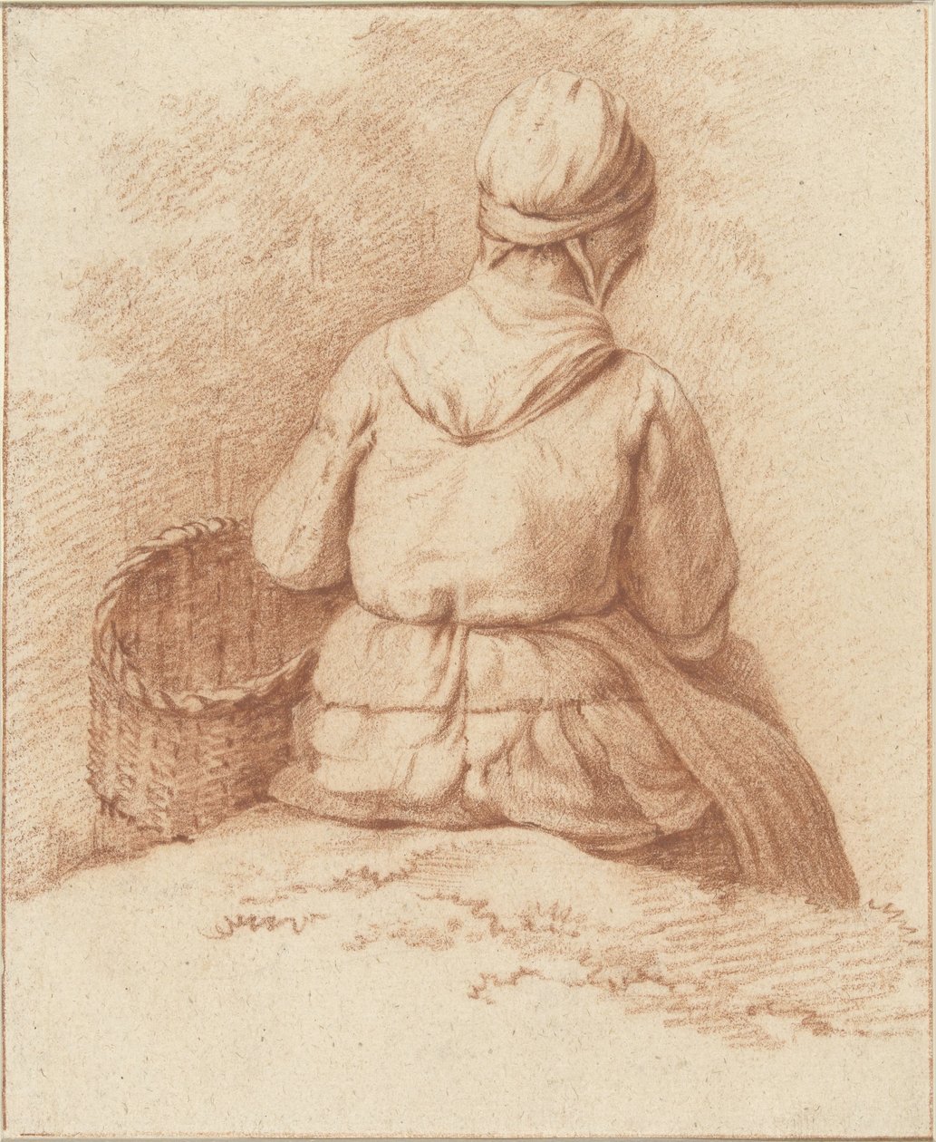Pescatrice seduta con un cesto al braccio, vista da dietro da Abraham Johannes Ruytenschildt